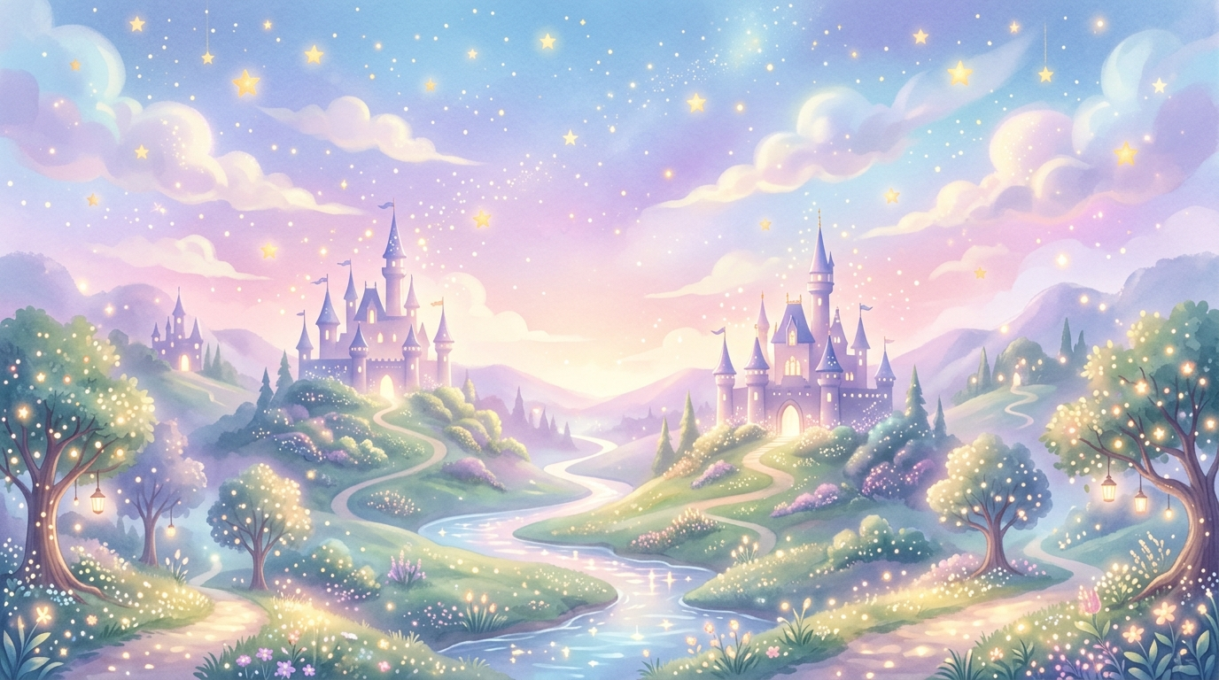 A dreamy, magical family destination with soft pastel skies and fairytale scenery